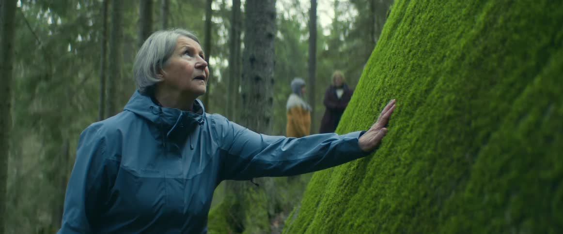 Elderly woman extends her arm to touch the moss over the surface of a big rock in the forest
