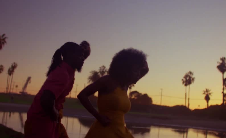 Couple dancing in front of a lake in a park next to palm trees at sunset caught on vintage film