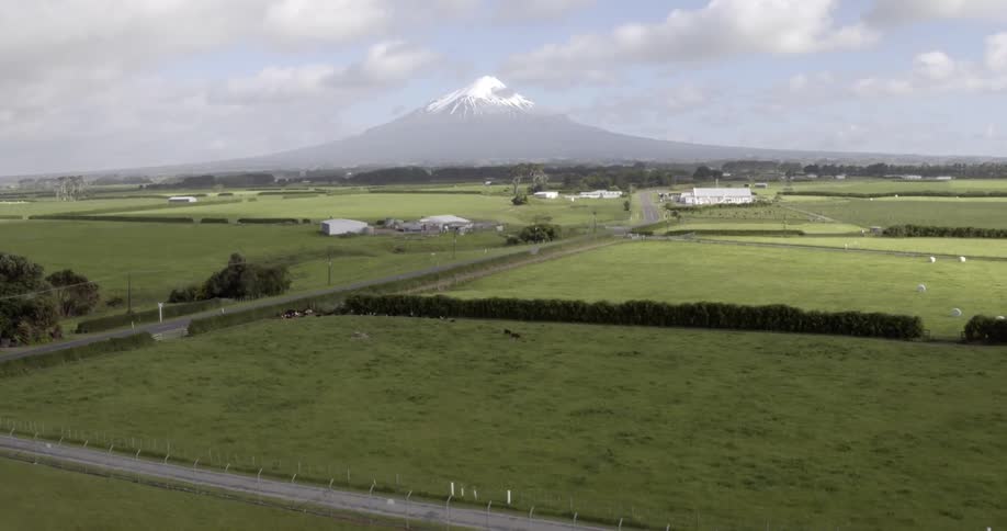 Aerial view of a farm with green fields