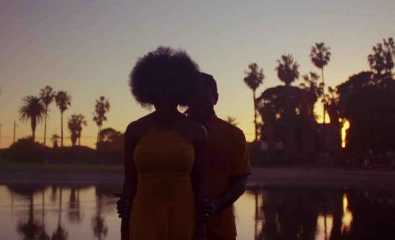 Man stands behind woman as they stand on shore of water that reflects red sky and palm trees