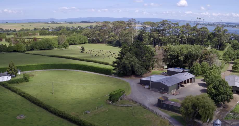 Aerial view of a farm with water in the distance