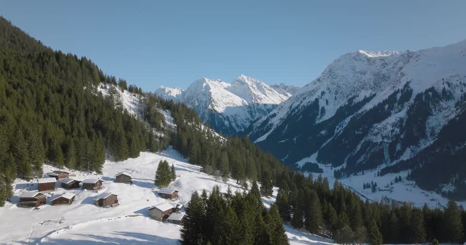The mountain range is covered with snow and trees