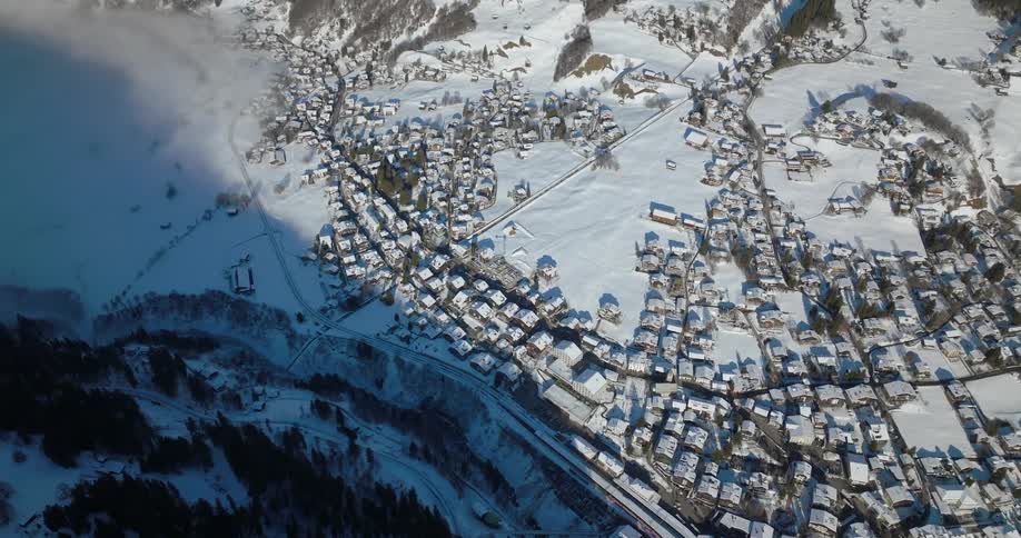 Aerial view of a snow covered neighborhood on the edge of a forest of trees covered in snow