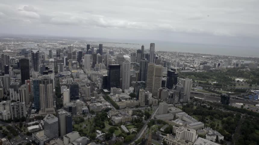 Aerial view of a very large city with big buildings
