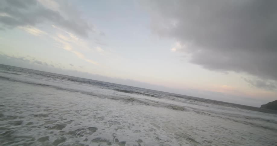 Rough water waves roll in on the shore lined with a forest of trees