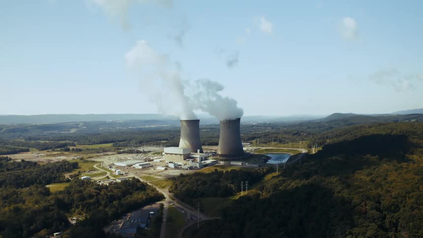 Smoke bellows out of two silos at a nuclear power station