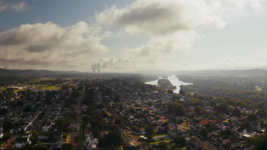 Aerial view of city next to river