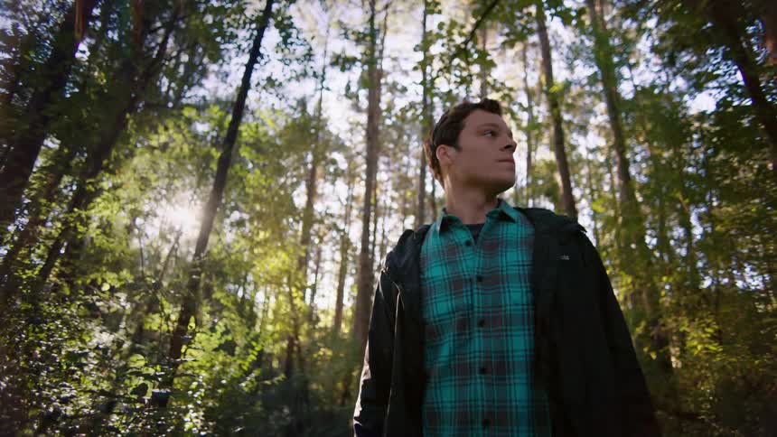Young man hiking in the woods