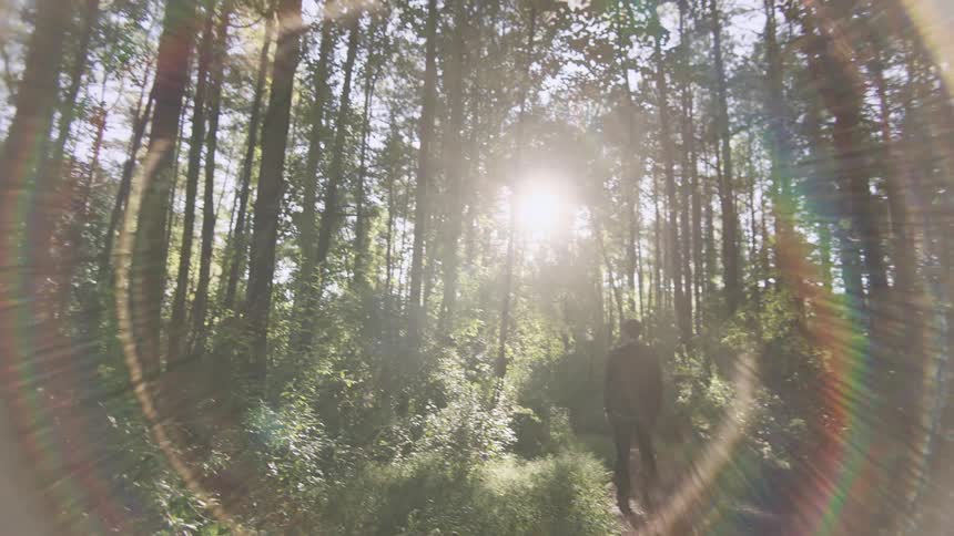 Young man stands alone in the forest