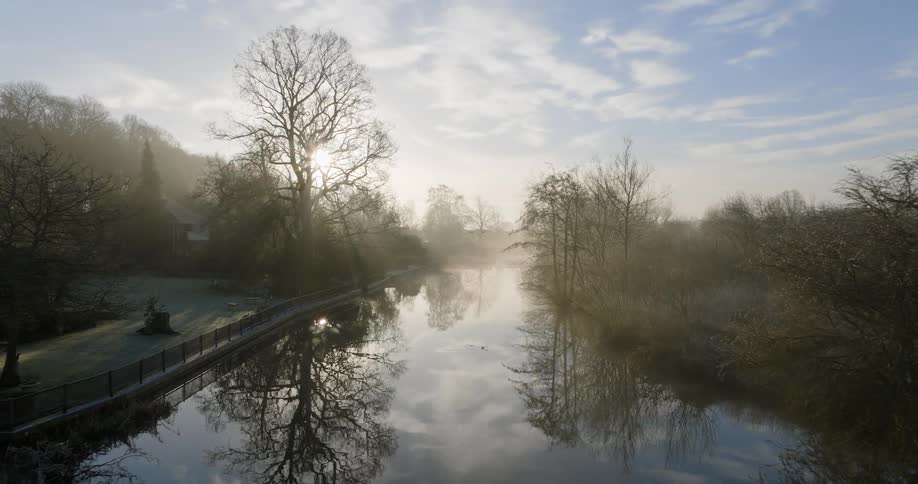 The birds fly over the canal