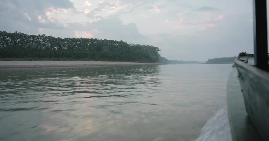 Boat travels in sea water with beach and trees in the background