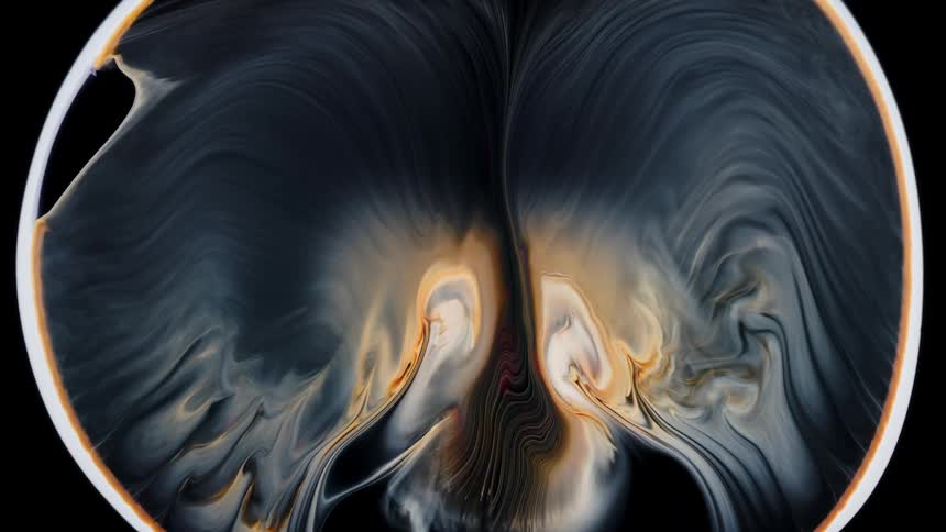 Abstract gray sphere with liquids spreads on black background