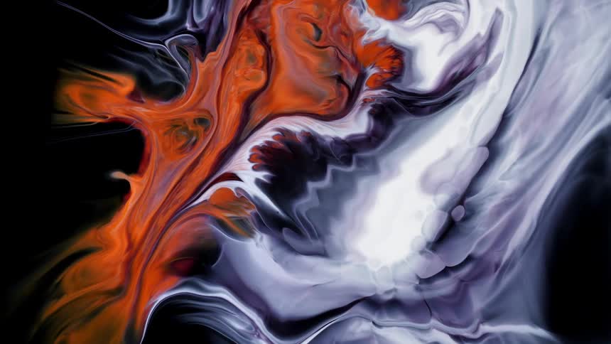 White and black swirls spread as red and black swirls stretch