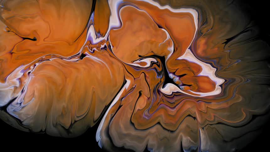 Layers of orange black and white swirls spread against a black background