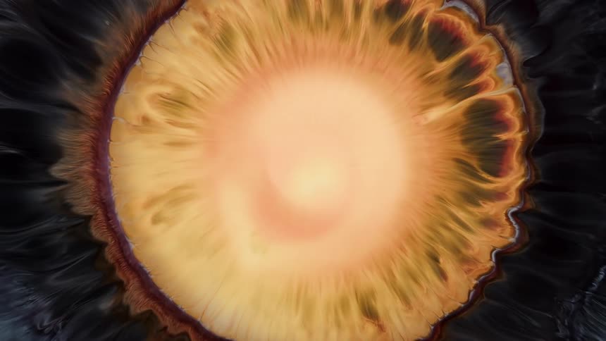 Orange explosion of light and colors in a perfect circle on black background