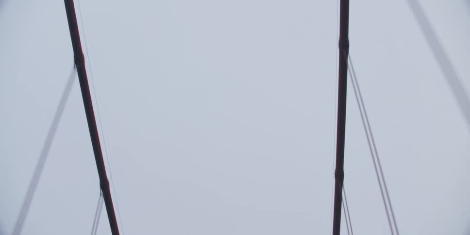 Suspension bridge with suspension cables on vertical suspenders in fog