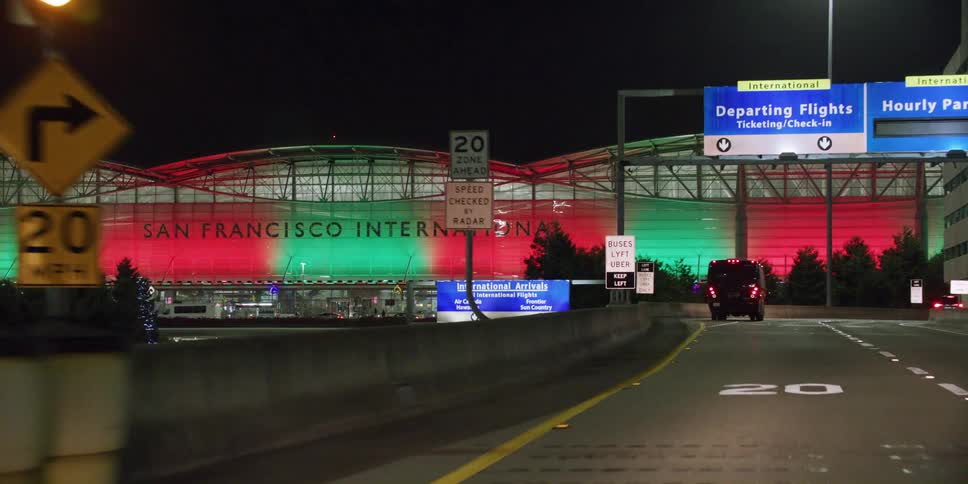 Driving into san francisco international airport at night