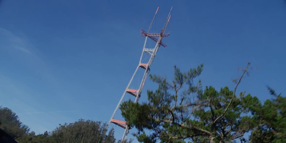 A utility tower stands tall above the trees in a blue sky