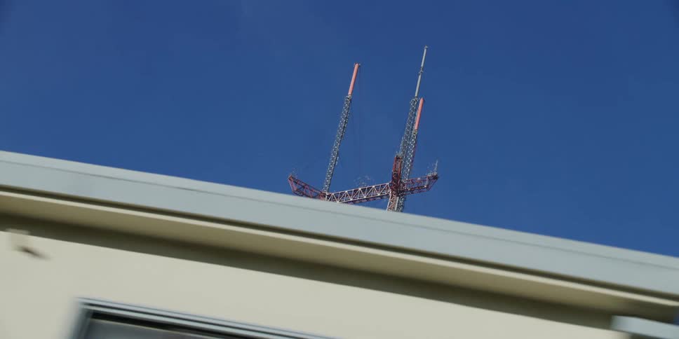 A utility tower stands tall above the trees in a blue sky
