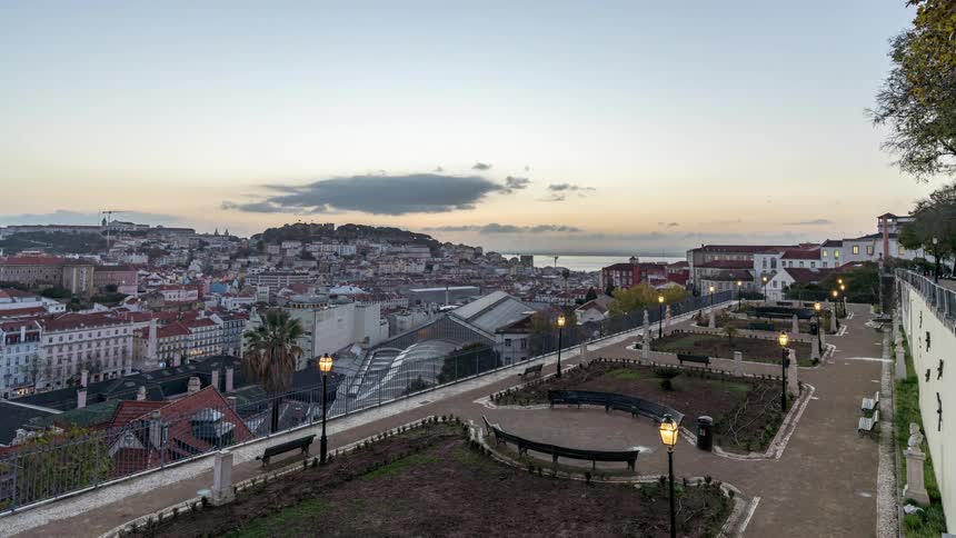 View of a coastal city from a nearby park during sunrise