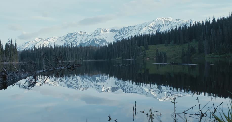 A forest and distance snow covered mountains are reflected in a clear lake