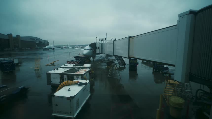 Passenger loading bridge connects terminal to airplane sitting on apron