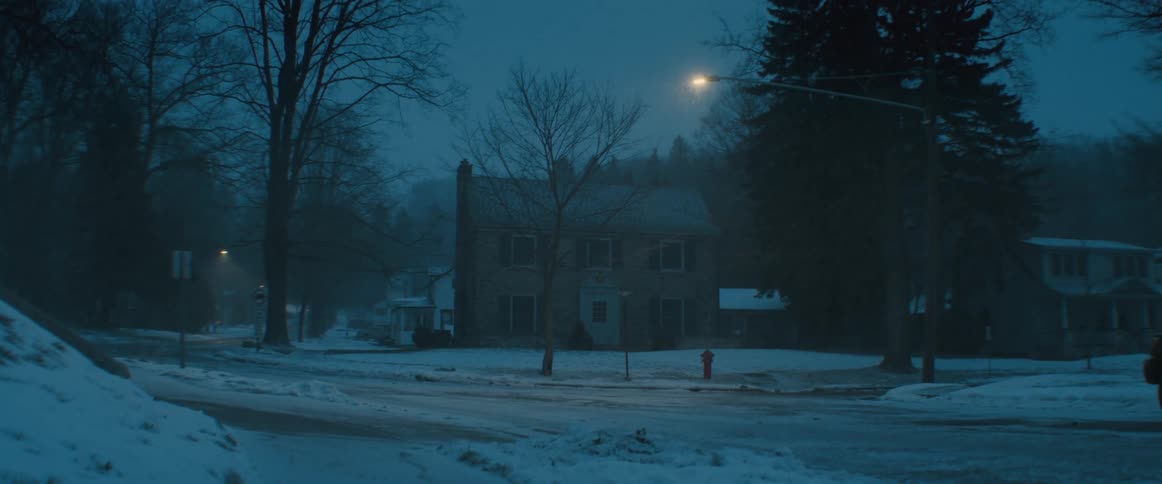 A view of a neighborhood with snow in it