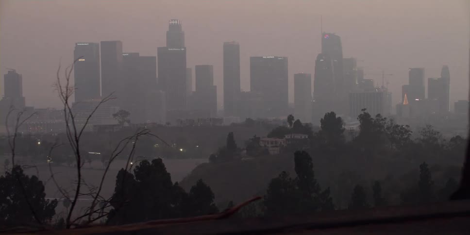 A city skyline is seen through the fog