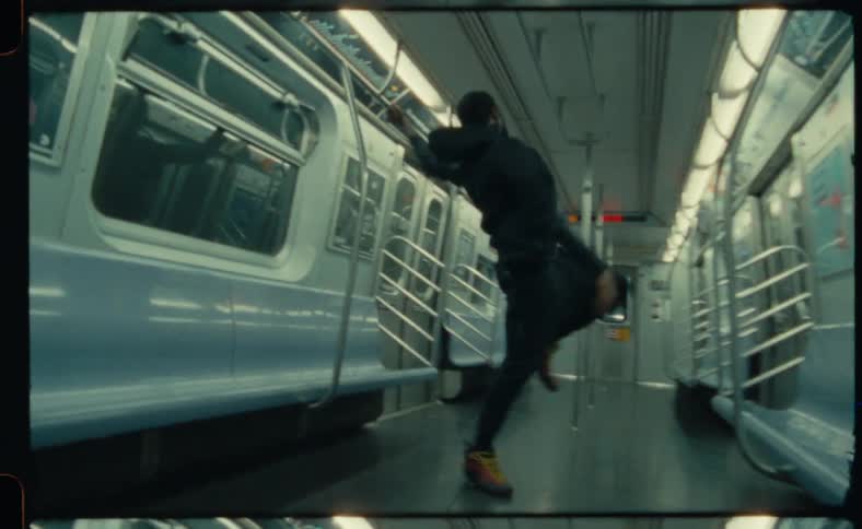 Black man does dance moves in the interior of a train