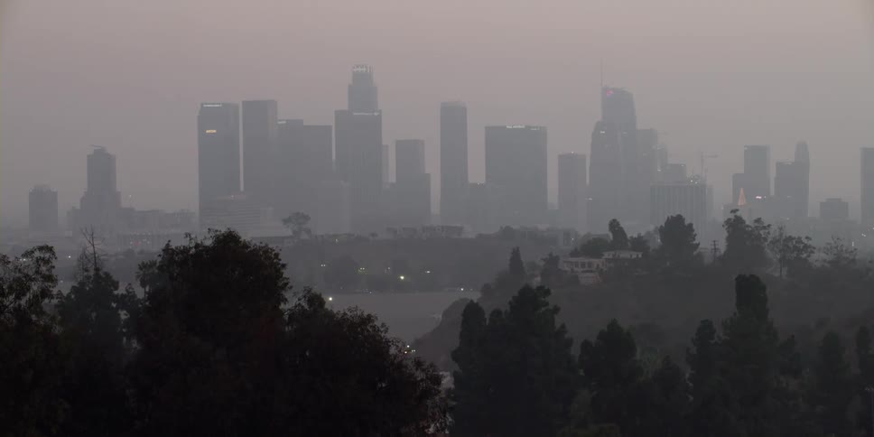 City skyline with high rise buildings in fog at dawn