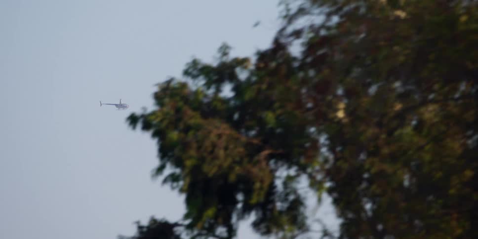 A helicopter is flying above the trees