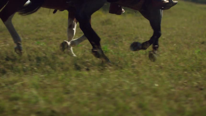 Men wearing boots ride brown and dark horses on grass in the field