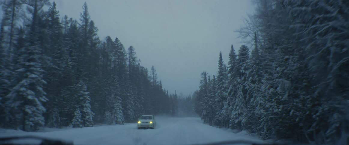 Traveling on a snow covered forest road during a blizzard and another vehicle passes by