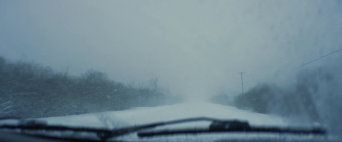 Traveling on a snow covered forest road during a blizzard