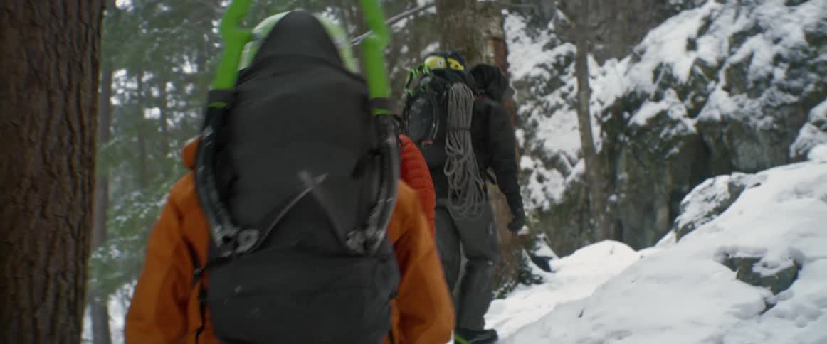 A group of people walk in a wooded area in the snow towards an ice covered mountain
