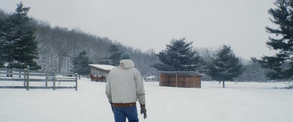 Man walks through snow toward horses standing near shed near foot of conifer forest covered hill