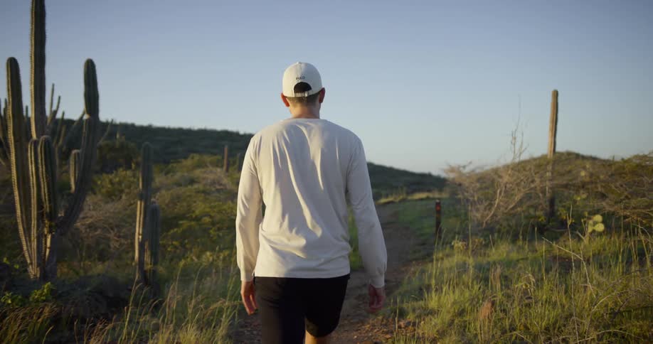 A man hikes up a hill past cacti