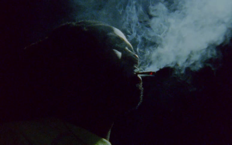 Man with dreadlocks and beard smokes a cigarette in the dark