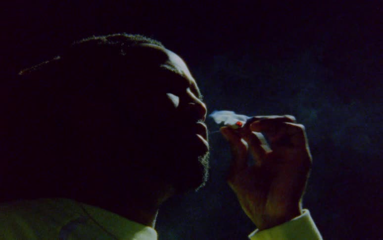 Man with dreadlocks and beard smokes a cigarette in the dark