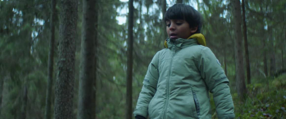 Little boy wearing blue jacket throwing a rock in the forest