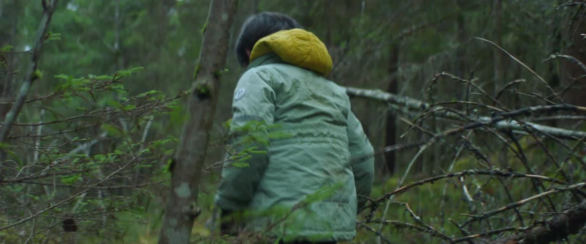 A young boy is making his way through a forest and around trees