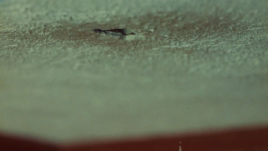 Water drops form and fall from a stained ceiling