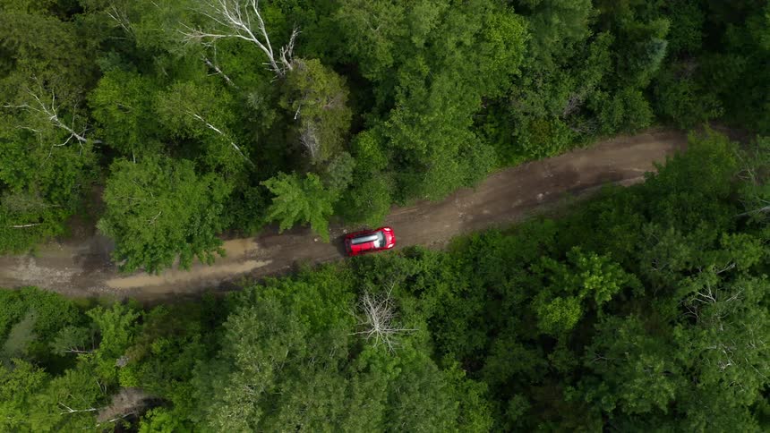 Aerial view of a red van traveling on a dirt road through a forest