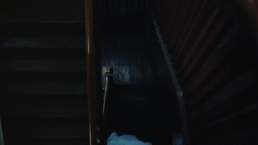 Man climbing staircase keeps looking up searchingly