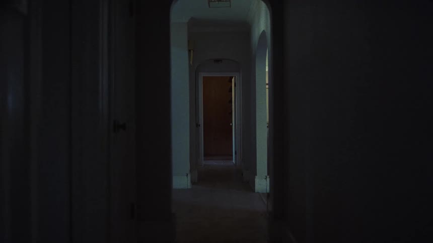 A long hallway inside a home during the evening with subtle light flickering from a room on the side