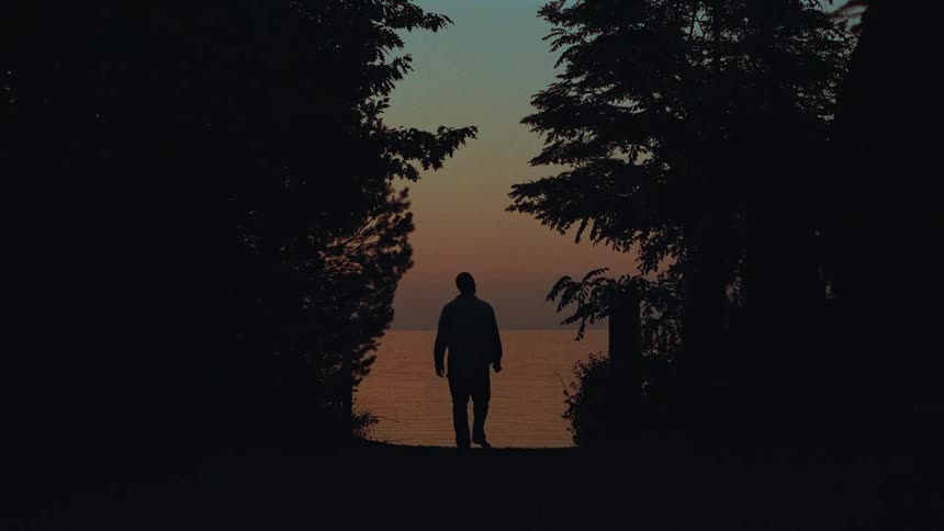 Man walks out from behind the trees then turns and walks towards the lake