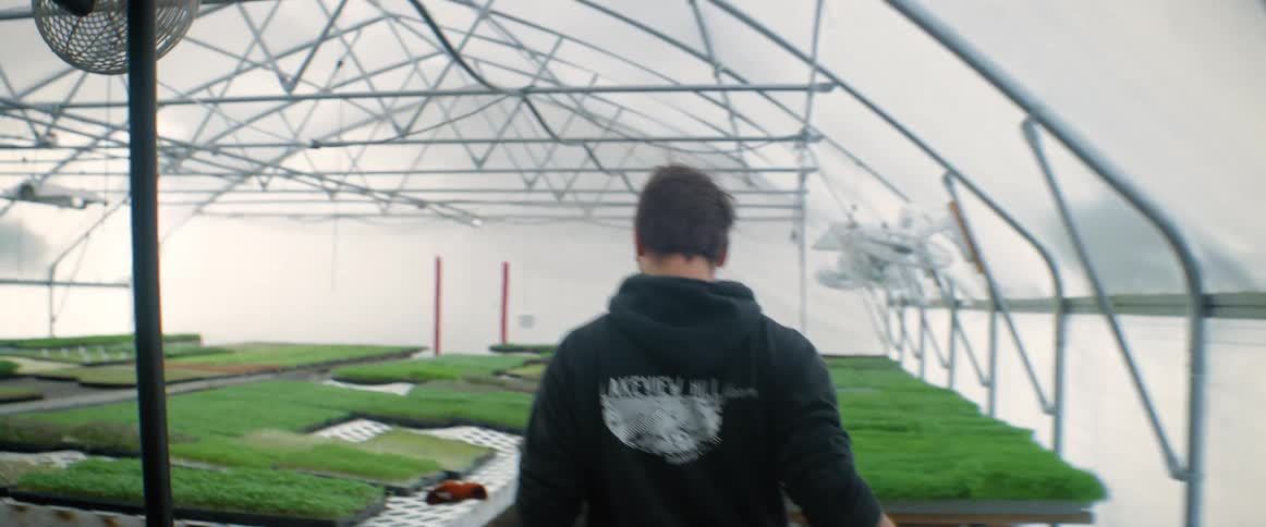 A man walking into a greenhouse full of plants