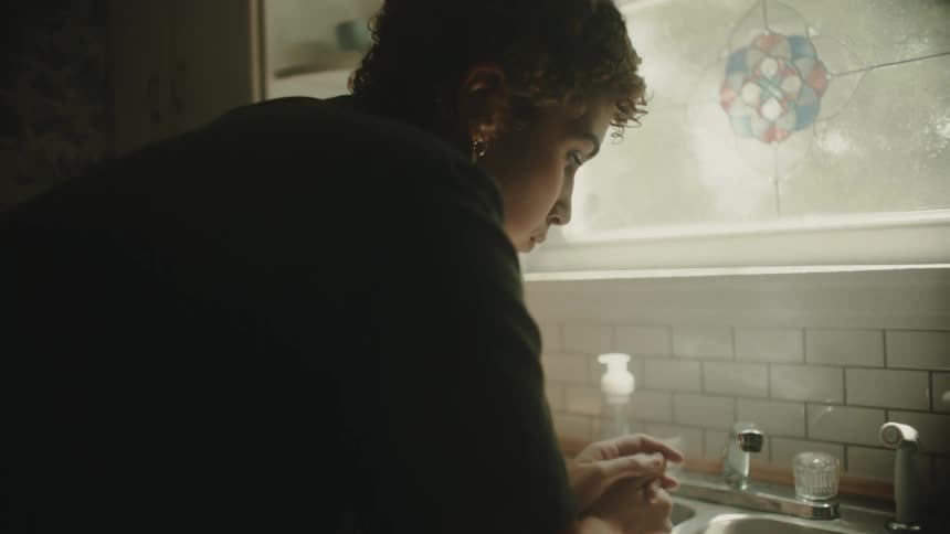 A woman leaning against the kitchen sink looking out the window nervously cracking her knuckles