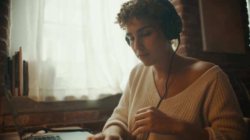 A young woman at home puts headphones on and records music on a laptop
