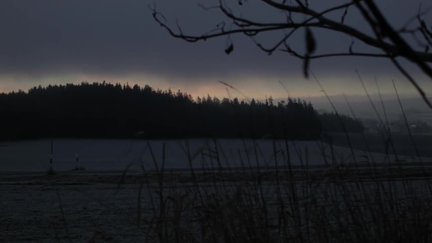 A misty lake at dusk